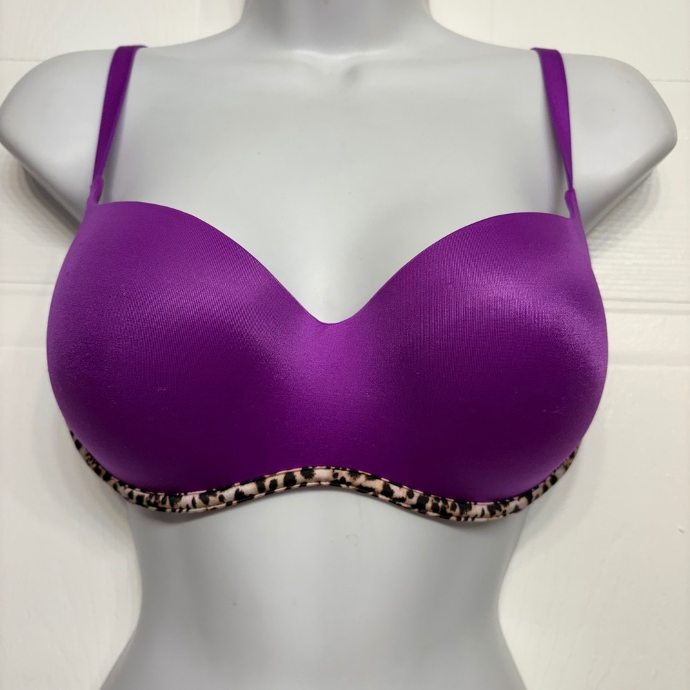 Victoria's Secret Balconette Bra Womens 36C Purple Leopard Trim Molded Smooth